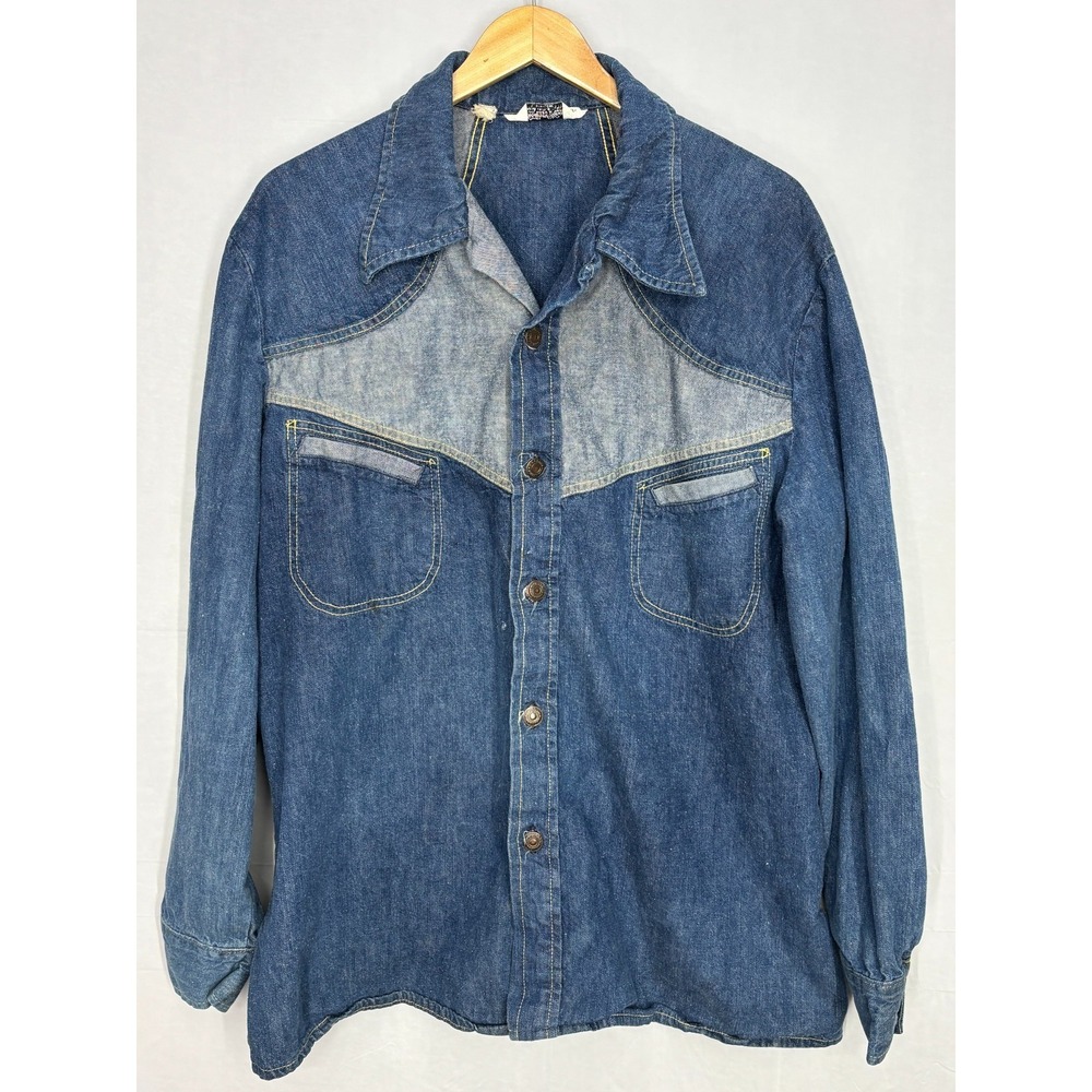 Mr. Leggs Western Wear Denim Shirt Mens Blue Button Front Long Sleeve XL Vintage